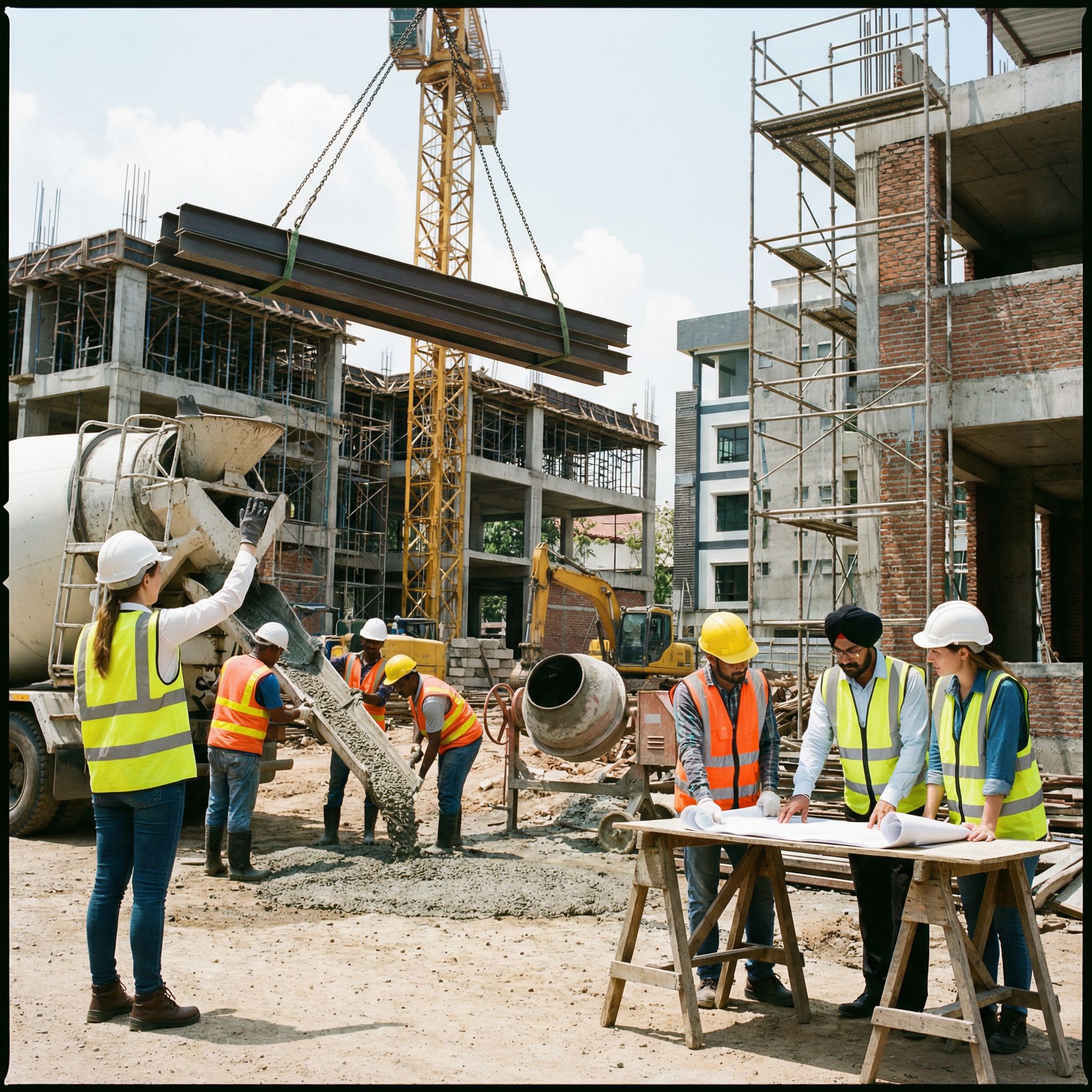 Equipo de ingenieros revisando planos en obra